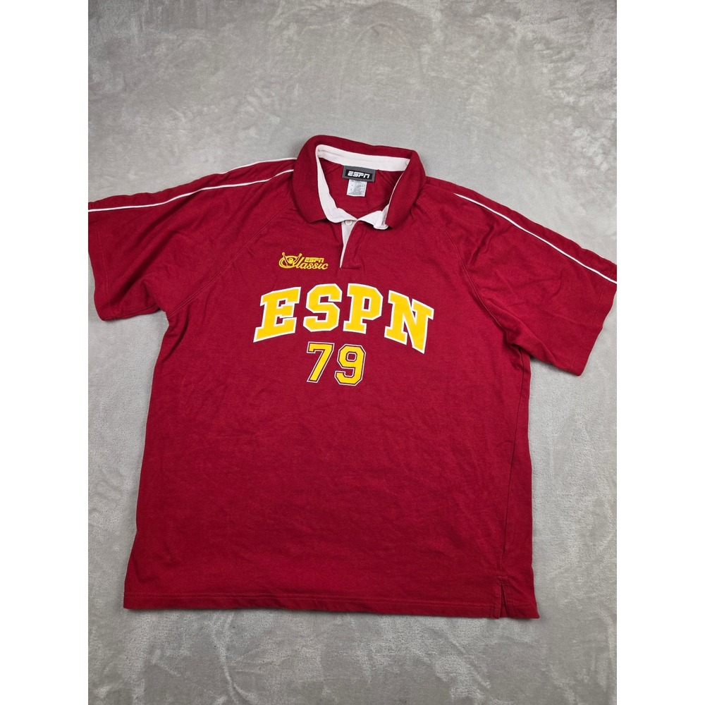 Vintage ESPN Classic Polo Shirt Mens XL Red Short Sleeve Graphic 79 Rugby Style